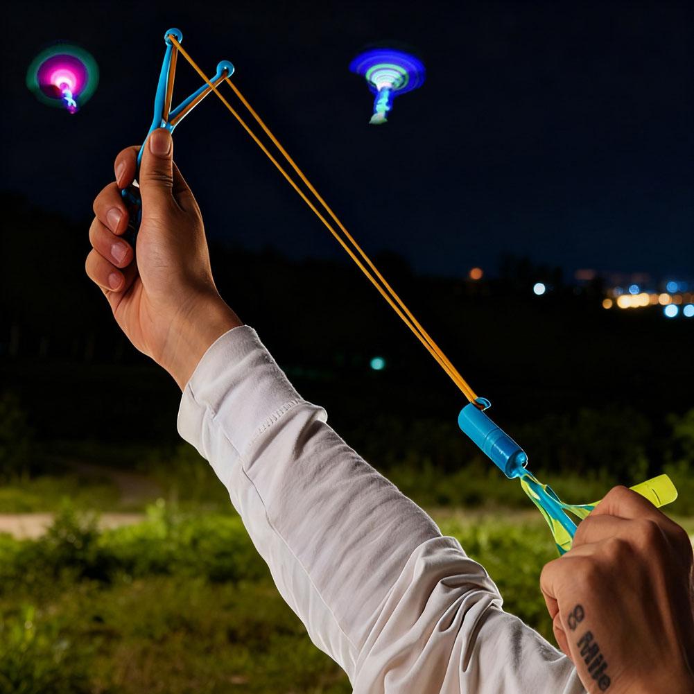 10 個スリングショットロケットランチャーロケットスリングショット飛行おもちゃ LED ライト付き飛行おもちゃ発光スリングショットおもちゃ子供男の子用