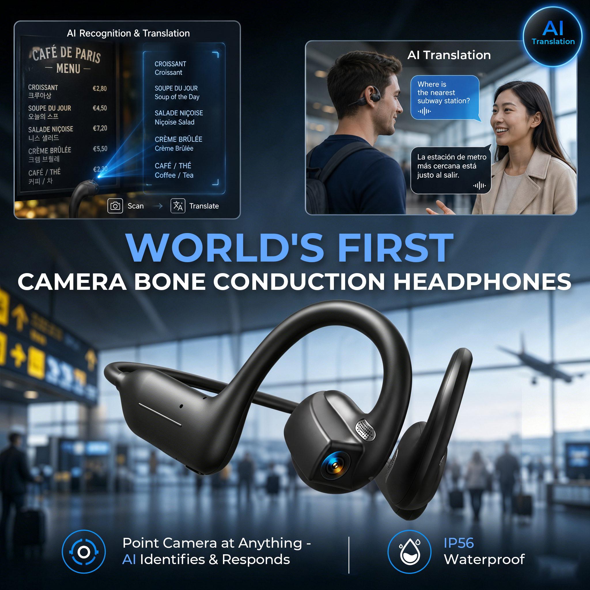AI カメラ骨伝導ヘッドフォンワイヤレス Bluetooth IP56 防水スポーツイヤホンリアルタイム翻訳写真キャプチャ Trave