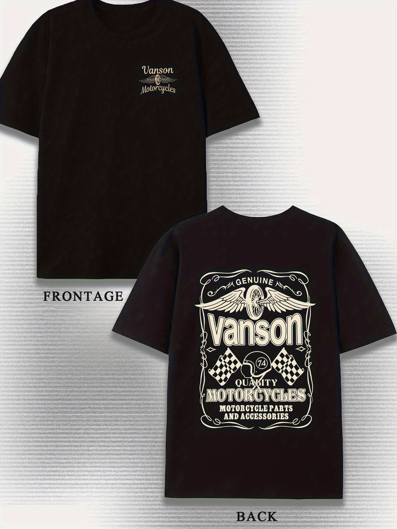 Vanson Motorcycle メンズ レトロ パターン T シャツ - ソフト コットン レトロ モーターサイクル デザイン「Build To Ride」スローガン ブラック カジュアル T シャツ