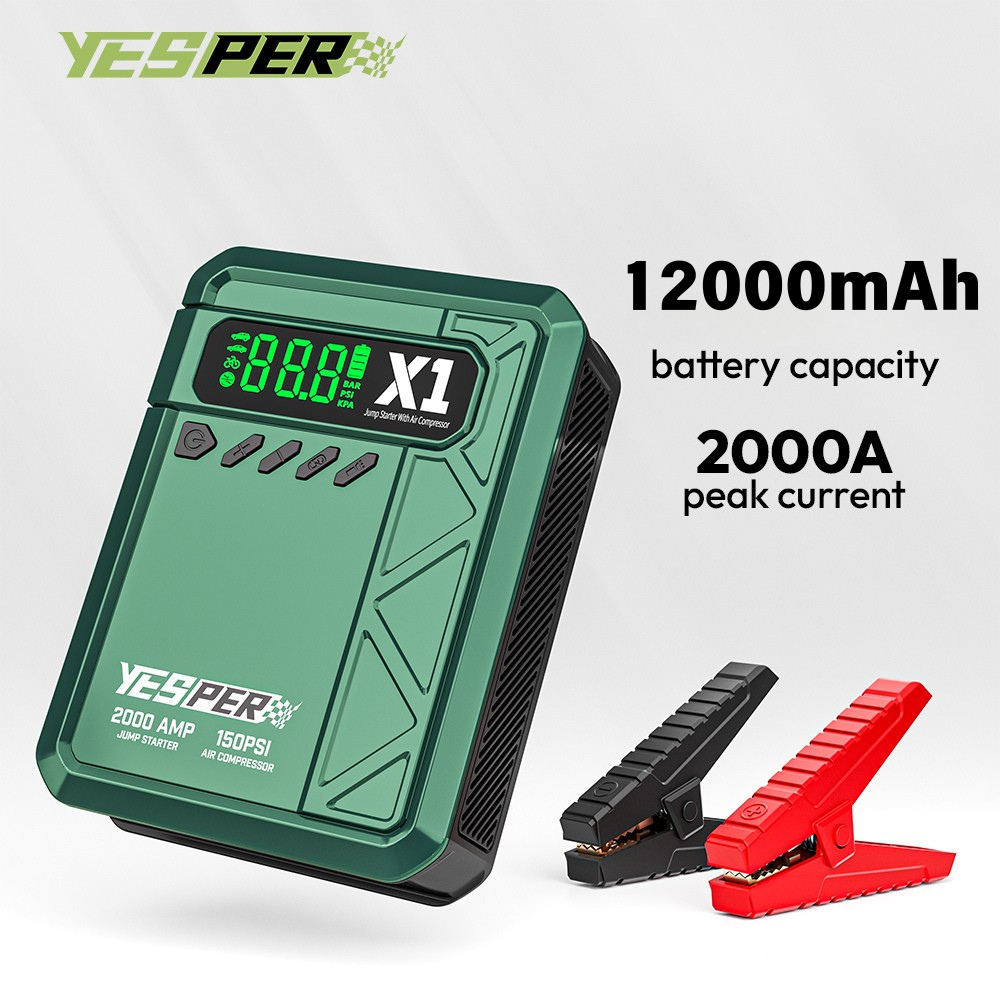 YESPER 2000A 150PSI ジャンプスターター 8L ガス 6L ディーゼル用、12V バッテリーブースターポータブルエアコンプレッサーポンプ LCD スクリーン車ツール