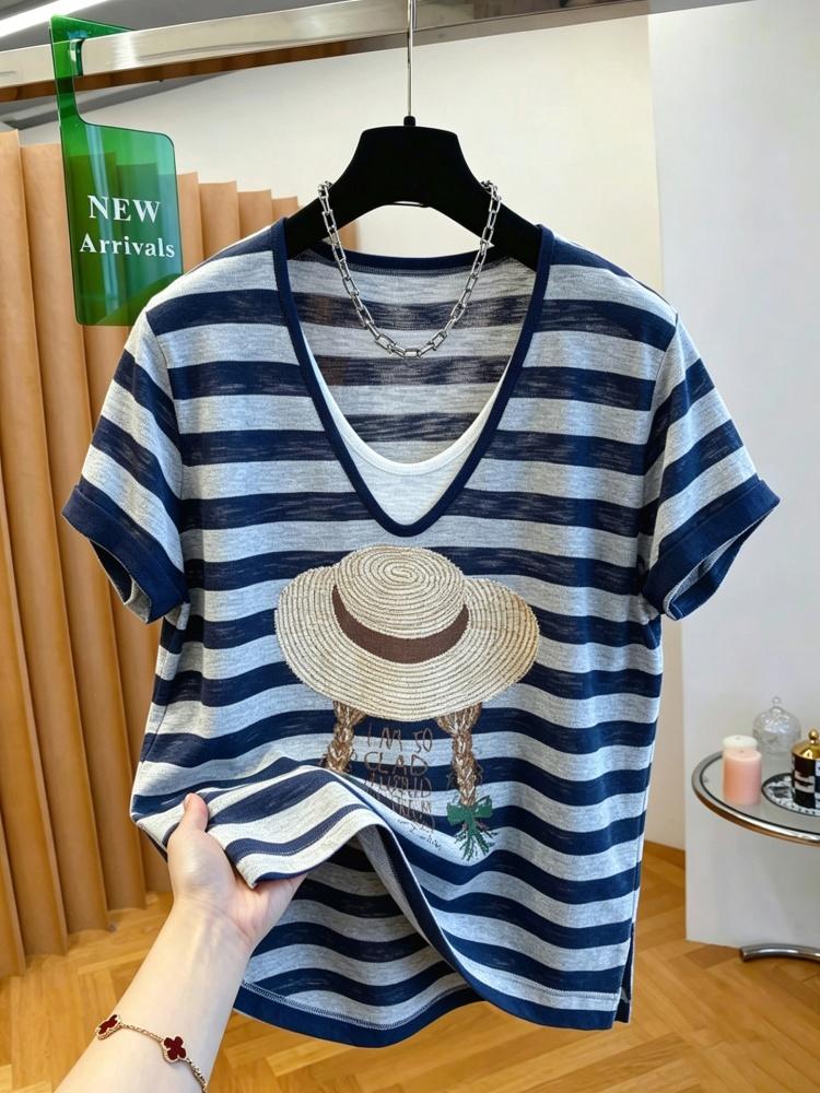 女性韓国ディープ V ネックストライプ Tシャツ 2026 夏新ルーズ半袖刺繍薄いベーシックトップスカジュアルデイリーブラウス