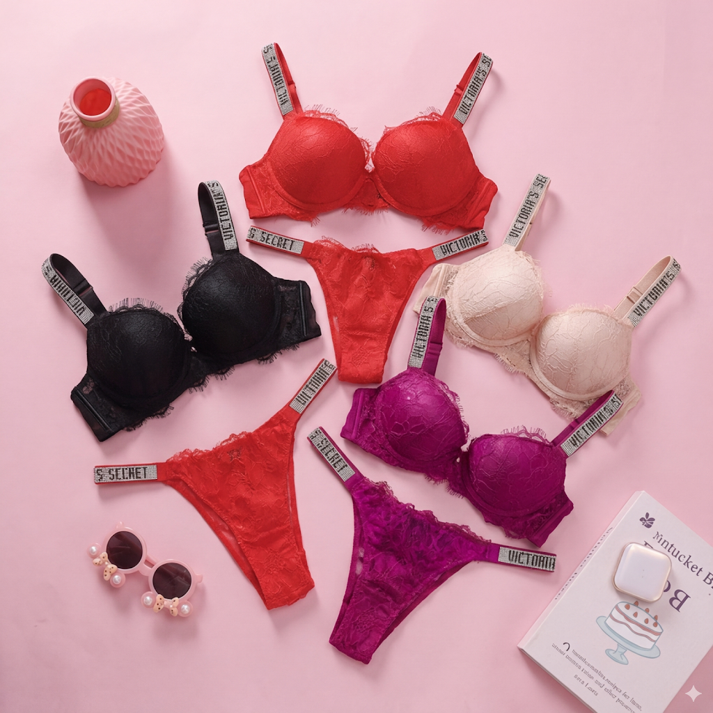 Victoria's Secret Sexy Lace Trim Pattern Breathable Gathered Padded New Soft Bra and Panty Set Classic Women's Lingerie Set