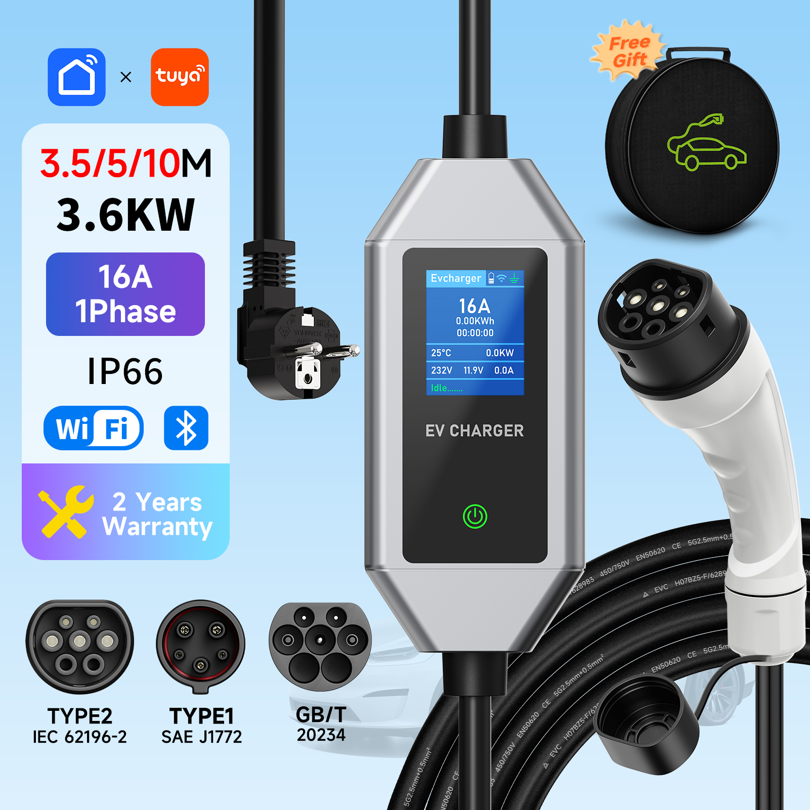 ポータブル EV 充電器 3.6KW 16A 電気自動車の充電器タイプ 2/タイプ 1 EVSE 高速充電ケーブルウォールボックス WiFi アプリ Bluetooth 制御