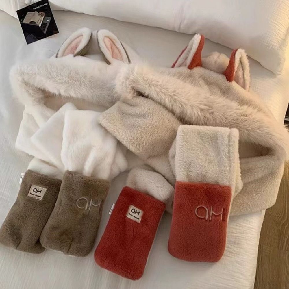 2/3Pcs Cute Scarf Hat Glove for Women Casual Ear Protection Furry Scarf Cap Set Ski Hat Thickened Cartoon Plush Hat Outdoor
