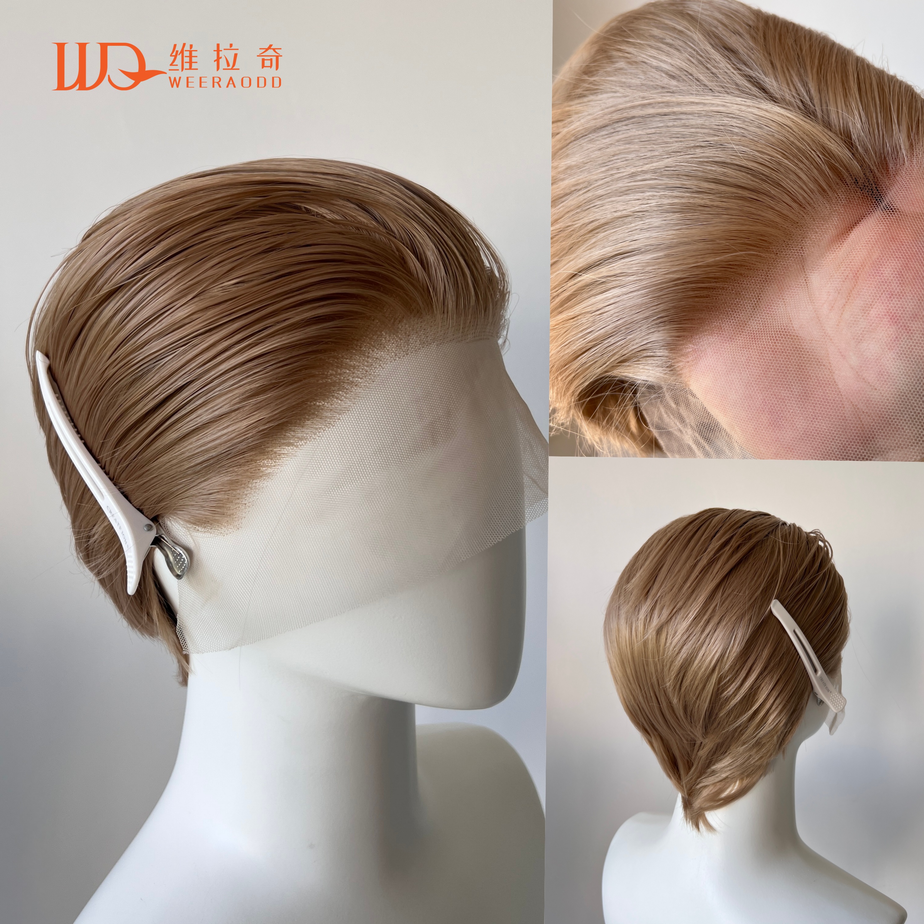 ブラウンミルクティーショートレースフロントウィッグ 6 インチ高品質合成男性コスプレ高温繊維ウィッグ 150% 密度