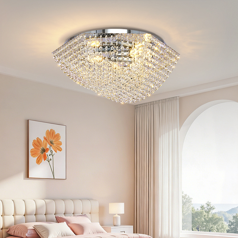 現代の寝室のクリスタル E14 天井シャンデリア光沢ランプ鋼シルバーライト Led 天井照明器具家の装飾