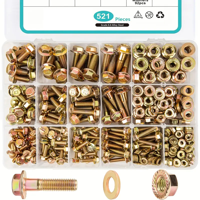 521 個の炭素鋼フランジボルトとナットの詰め合わせキット - グレード 8.8 六角鋸歯状フランジネジ、粗目付き