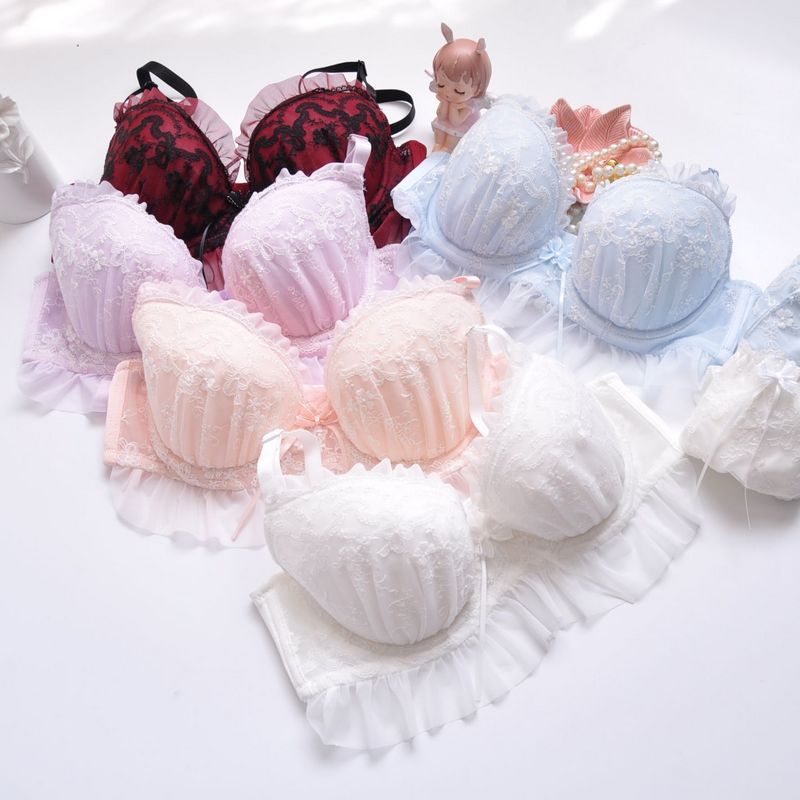 日本ロリータ刺繍薄型カップ女性かわいいプッシュアップセクシーな下着ブラジャーセット大サイズ A B C D E 70 75 80 85 90 95