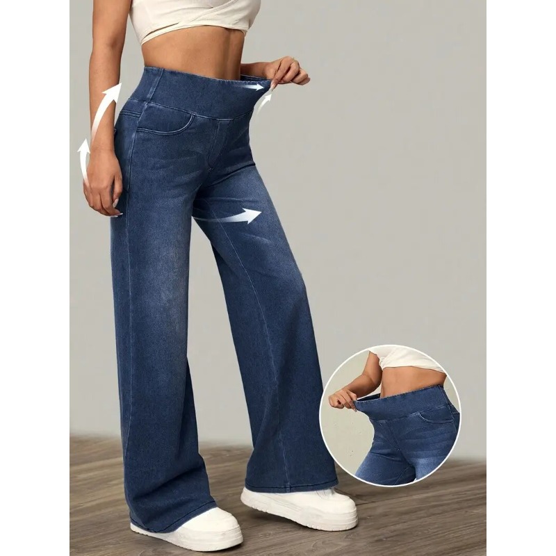 女性のジーンズ新しい弾性ウエスト高ストレッチルーズストレートレッグパンツトレンディで快適な多目的クロスボーダー