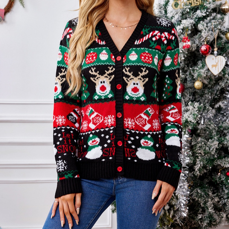 メリークリスマスホリデールック女性のニットセーター漫画プリントフルスリーブクリスマスカーディガンニットウェア暖かいソフトジャケットコートトップ
