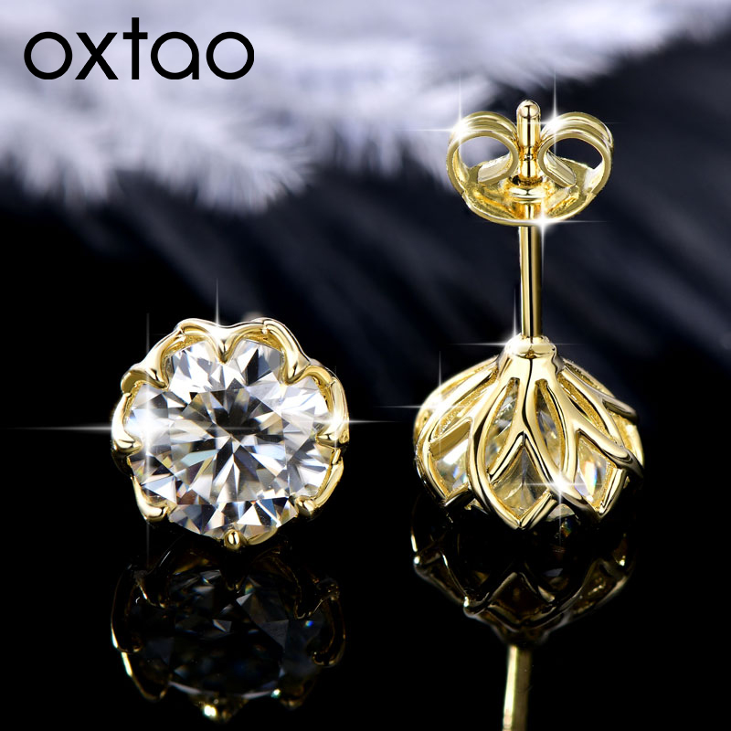 OXTAO モアッサナイト円形スタッドピアス女性のための 14 18K ゴールド充填フラワーイヤリングファインジュエリー 6 ミリメートル/8 ミリメートル D カラーラボダイヤモンドギフト