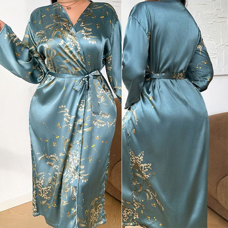 オーバーサイズ 3XL 4XL 5XL ロングローブネグリジェ着物バスローブガウン女性シルクサテンパジャマホームドレスルーズカジュアル部屋着
