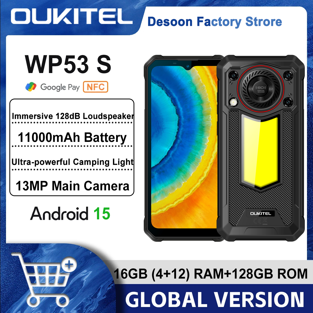 Oukitel WP53 S 頑丈な電話没入型 128dB スピーカー 11000mAh 18 ワット充電器 16(4 12) ギガバイト 128 ギガバイトの超強力なキャンプ用ライト電話