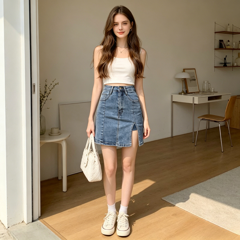 デニムパンツスカート女性ショートスカートサイドスリット A ラインスリムフィットヒップラップボタンエレガントなハイウエスト Y2k ストリート作業夏 2026