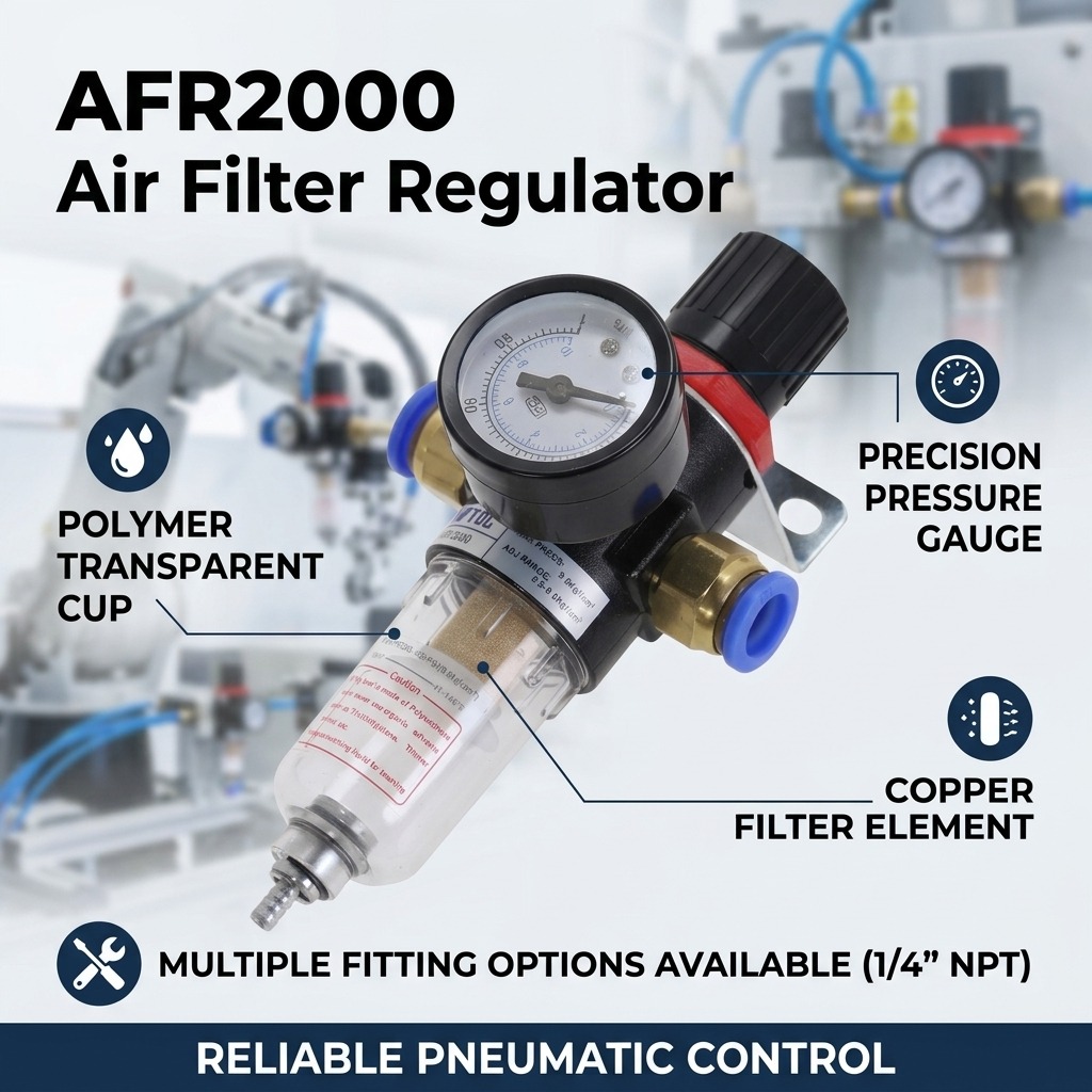 AFR2000 エアフィルターレギュレーター減圧器 1/4 インチ水油分離器 1/5/20 個真鍮継手プッシュインコネクタセット付き