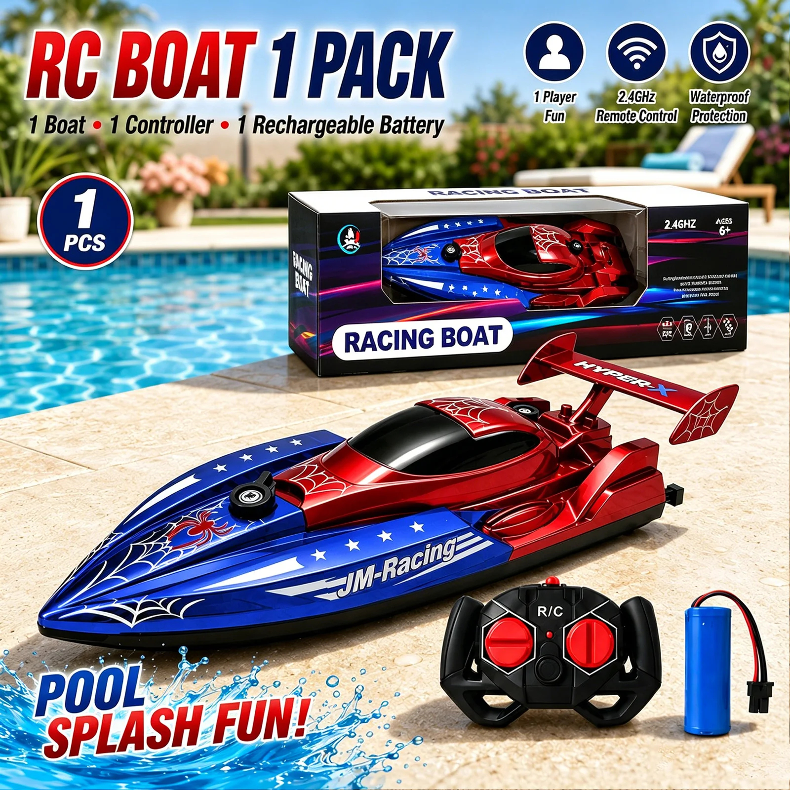 キッズ RC ボート 2.4GHz リモコン レーシング スパイダー スタイル スピード水おもちゃ 充電式バッテリー付き プール 湖 遊び用