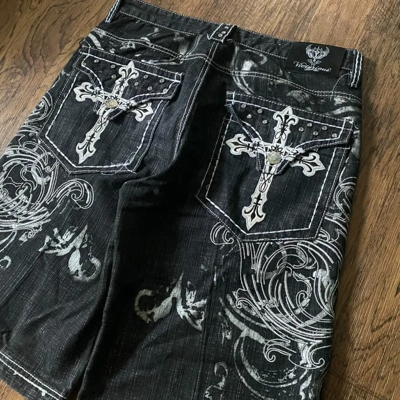 Y2K ファッション新オーバーサイズ刺繍ルーズデニムショーツ男性ゴシックパンクヒップホップファッションカジュアルジョーカーカップルバスケットボールパンツ