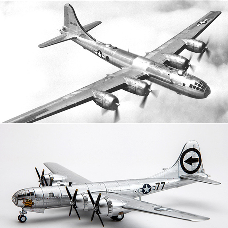 1:144 スケールモデルアメリカン B-29 スーパーフライングフォートレス 4 発ヘビーデューティプロペラ爆撃機、リトルボーイ/ファットマン装飾付き
