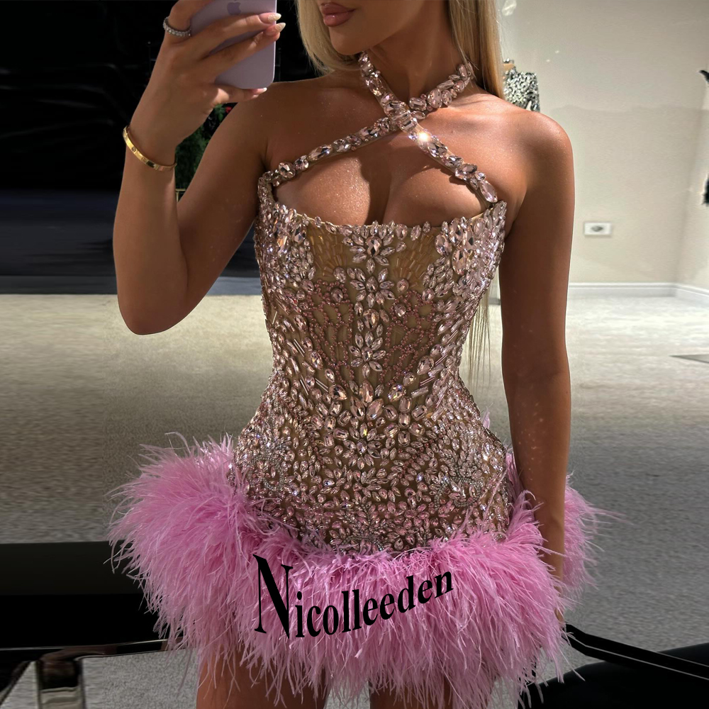 ニコールキラキラホルターイブニングドレス女性のためのラインストーンフォーマルイブニングセレブドレス Vestidos デ ガラカスタマイズ