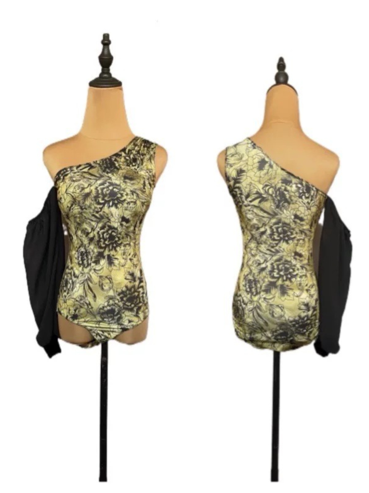 MZDance Women's Standard & Latin Dance One-Shoulder Puff Sleeve Practice Leotard, for Waltz Tango