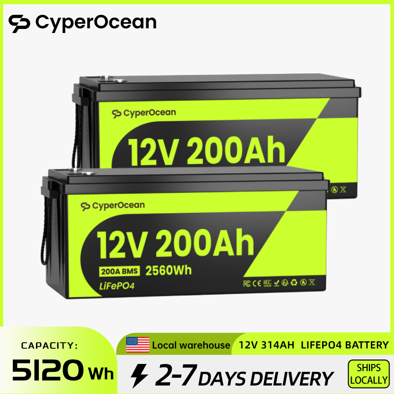 CyperOcean 12V 200Ah LiFePO4 バッテリー 2 パック、内蔵 200A BMS、15000 サイクル、2560Wh、低温保護リン酸鉄リチウムバッテリー、ホームエネルギー、RV、トローリングモーター、海洋、ソーラー、キャンプ、ボート用