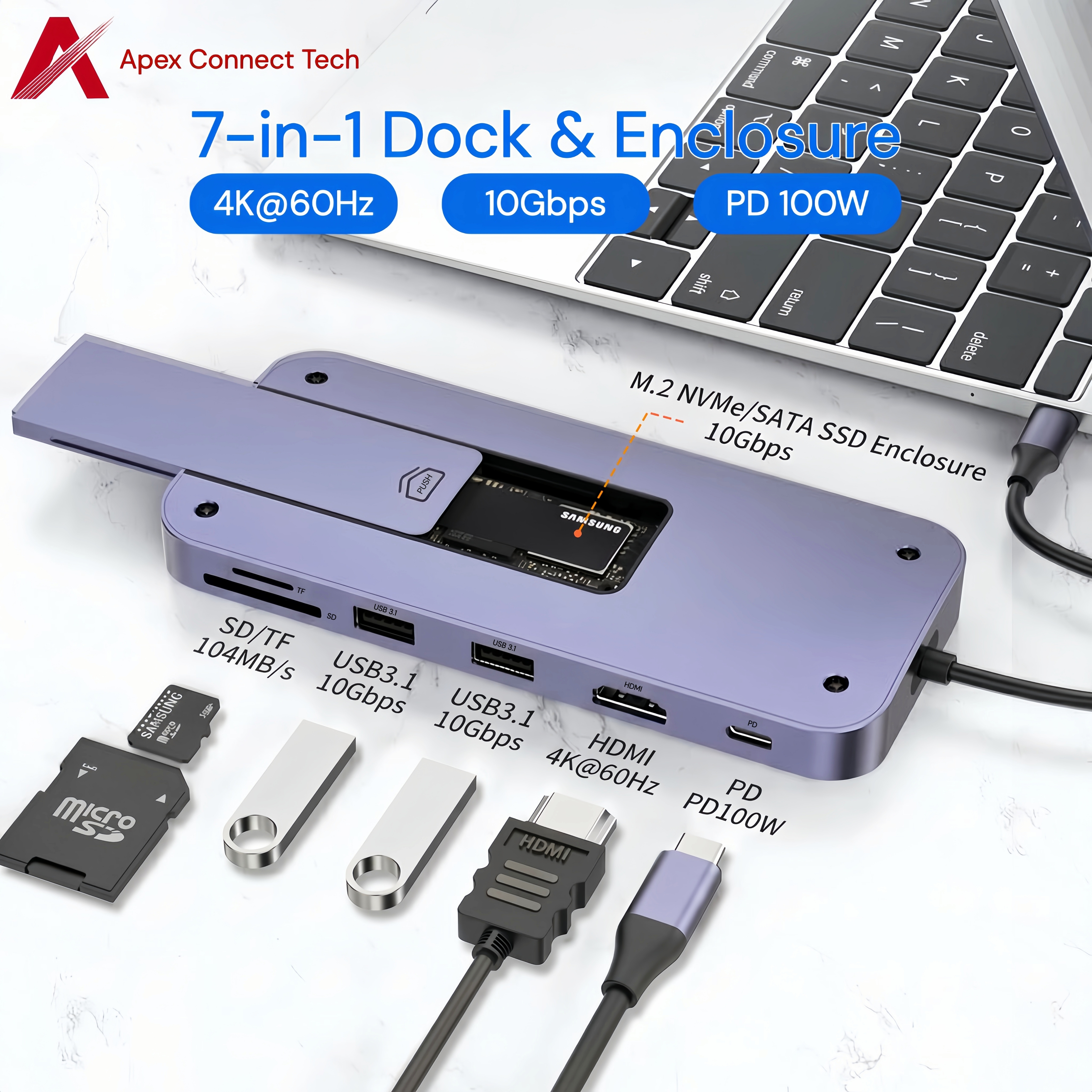 M.2 NVMe SATA SSD エンクロージャ付き USB C ハブ HDMI 4K 60Hz 10Gbps PD 100W カードリーダードッキングステーションマルチポートアダプタ MacBook 用