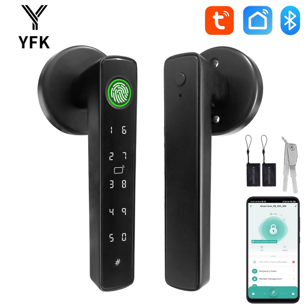 YFK Tuya 5-in-1 Smart Door Handle Lock Bluetooth Fingerprint Keyless Entry Lock Fake PIN NFC IC Card Temporary Password APP Remote Unlock Interior Smart Life Lock for Home Apartment Office Wooden Door