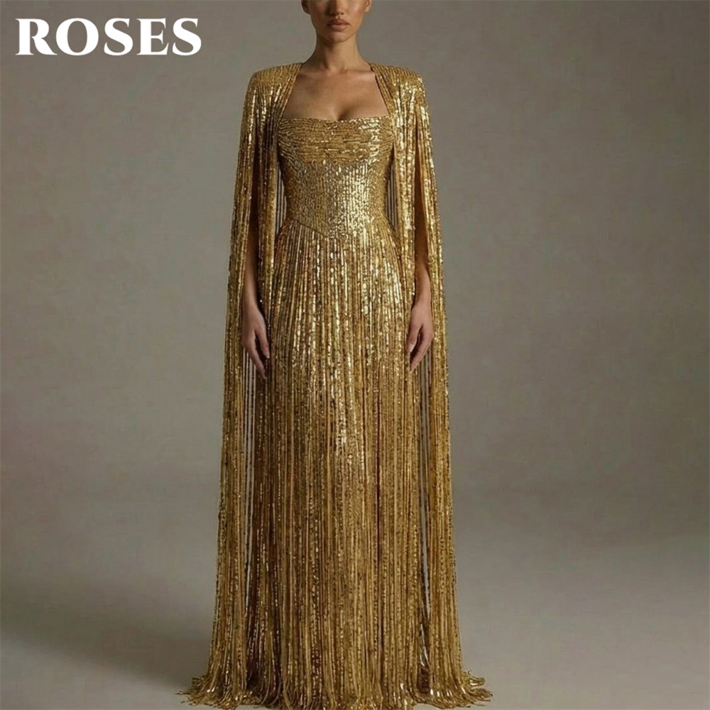 ROSES Golden Party Dress Off the Shoulder Long Sleeve فساتين السهرة Glitter Sequin Night Dress Celebrity Dress Customized