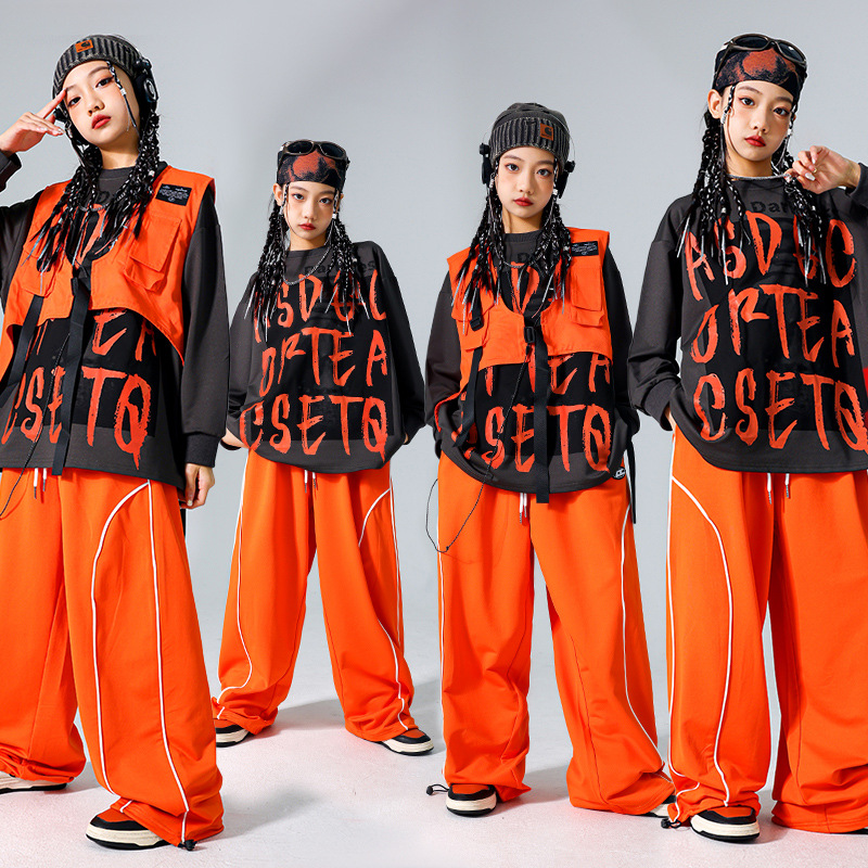 ボーイズヒップホップセットトレーナーベストカーゴパンツ女の子ジャズストリートダンス衣装子供服子供 K-POP ストリート