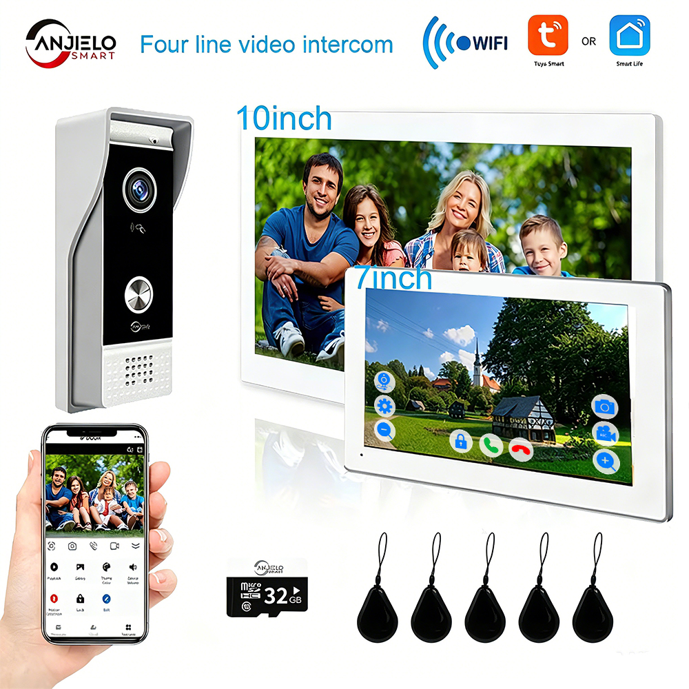 新しい TUYA 7/10 インチ WiFi 1080P 4 線式システムビデオインターホンスマートホームアプリワイヤレスビデオドアホン RFID アクセス制御システム
