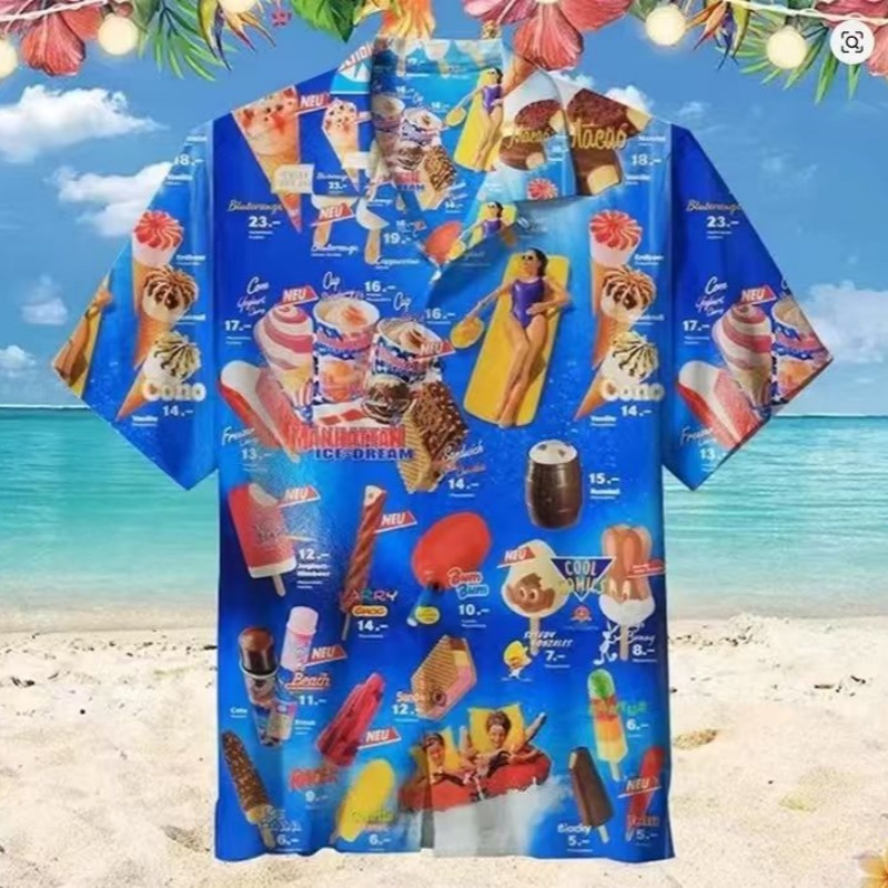 2024 アロハシャツ男性の夏のアイスクリーム Tシャツビーチプリント半袖シャツトップスカジュアルオリジナルデザイン紳士服