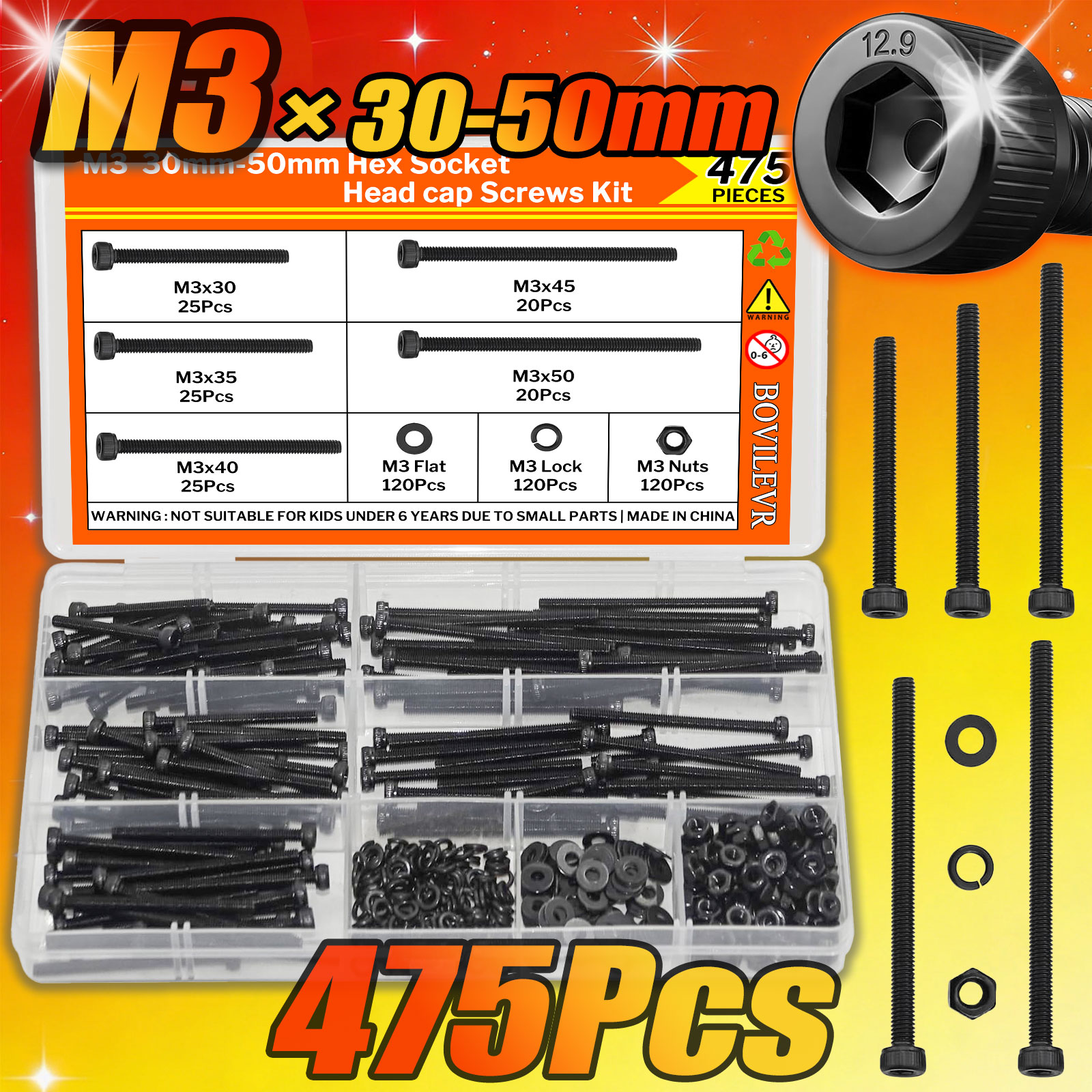 475個12.9グレードアレンソケットヘッドキャップネジキット、M3全ネジロングボルト30-50mm、合金鋼メトリックファスナー、ナット付き