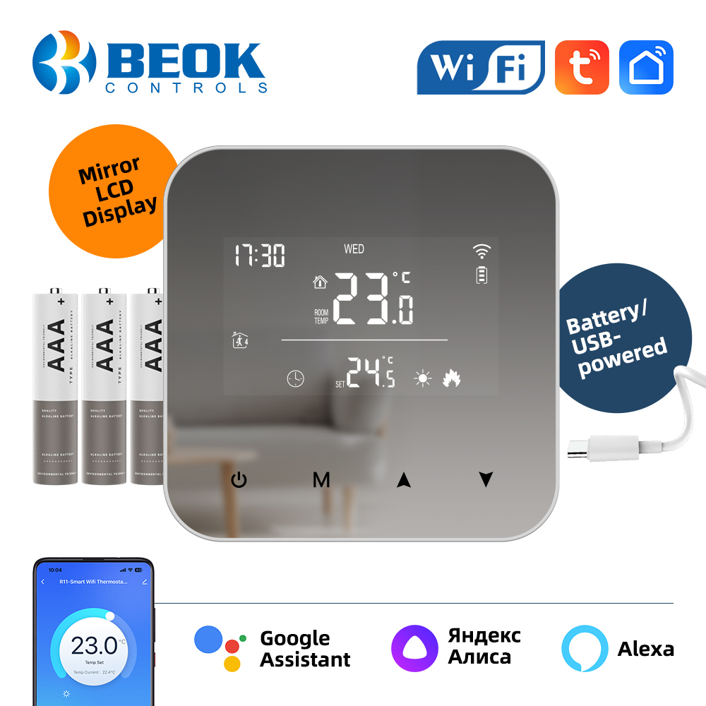 Beok Tuya Wifi スマート サーモスタット バッテリー駆動ミラー LCD ディスプレイ ガスボイラー温度コントローラー サポート Alexa Google ホーム