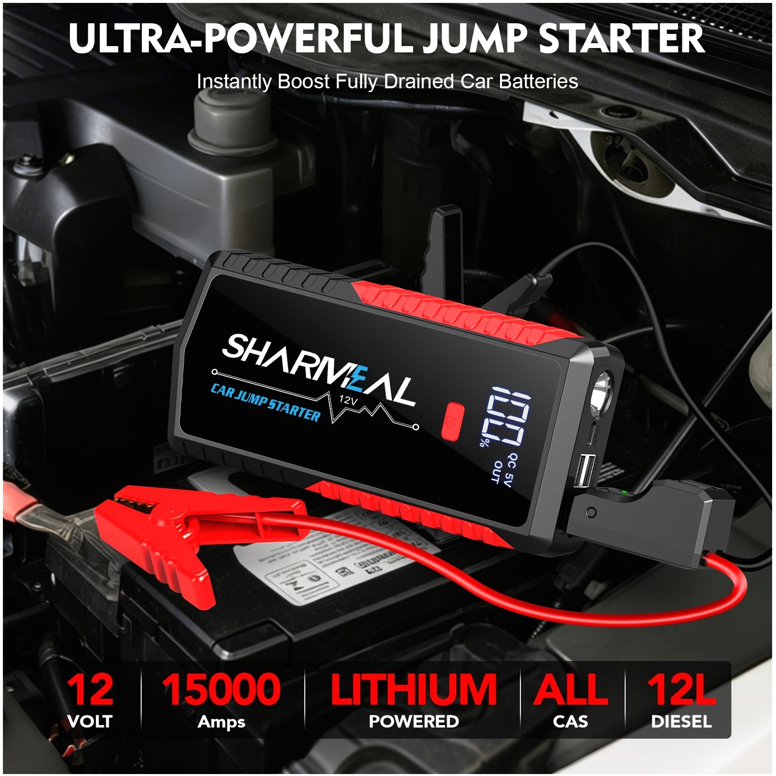 9-in-1 ポータブルカーバッテリージャンプスターター、ウィンドウブレーカーハンマー付き – 車、SUV、トラック、RV 用 12V ブースター |内蔵 3 モード LED 懐中電灯 |耐久性の高いジャンパー ケーブル |コンパクトな非常用電源ソリューション