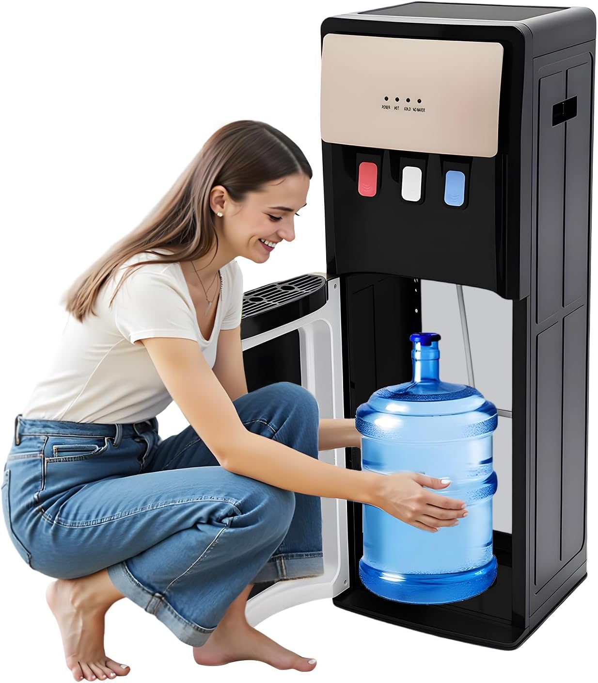 温水および冷水クーラーディスペンサー、5ガロンジャグ用下部ローディング、温度設定付きPPプラスチックウォーターディスペンサー、家庭やオフィスに最適、シャンパンゴールド
