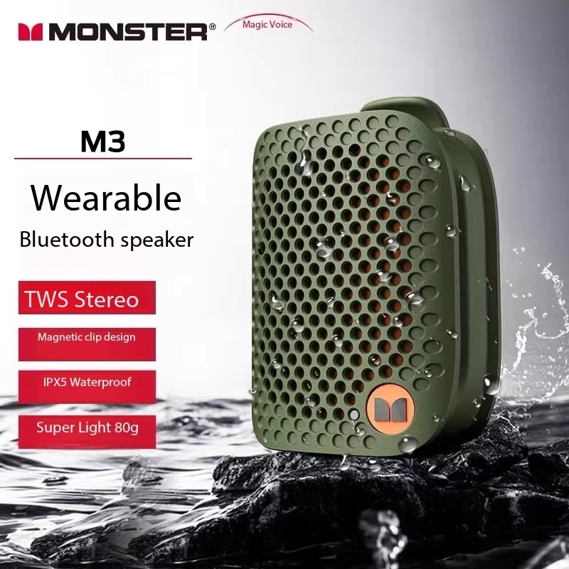 Monster M3 磁気クリップオン ミニ BT V5.4 ポータブル アウトドア スポーツ ウェアラブル ワイヤレス Bluetooth スピーカー 低音マイク付き