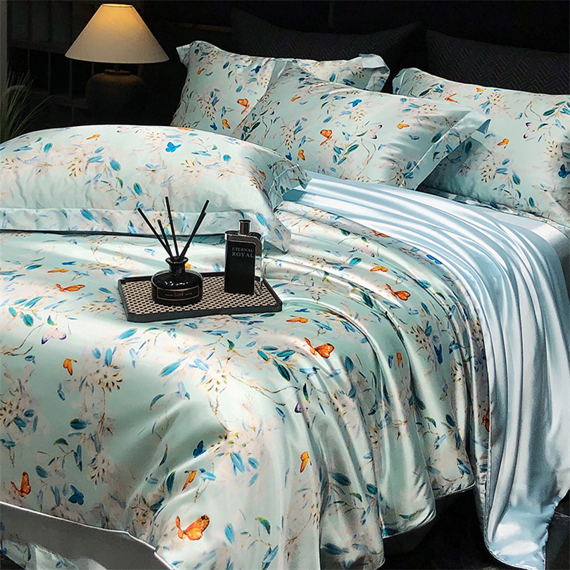 花シルク寝具セット布団カバー付きベッドシート枕カバー高級カップルシングルダブルキングクイーンソフトベッドシーツ北欧スムーズ