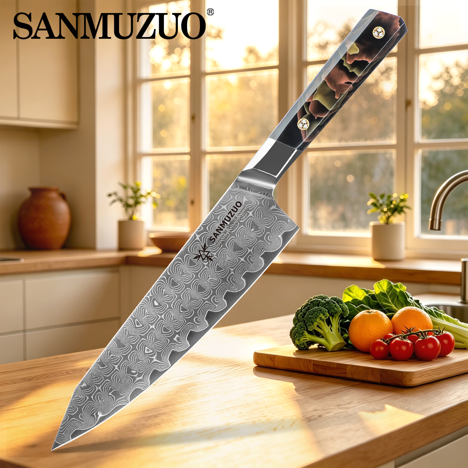SANMUZUO 8 インチ シェフナイフ - BI シリーズ - プレミアム 101 層ダマスカス粉末鋼包丁、コンフォートグリップ樹脂ハンドル付き
