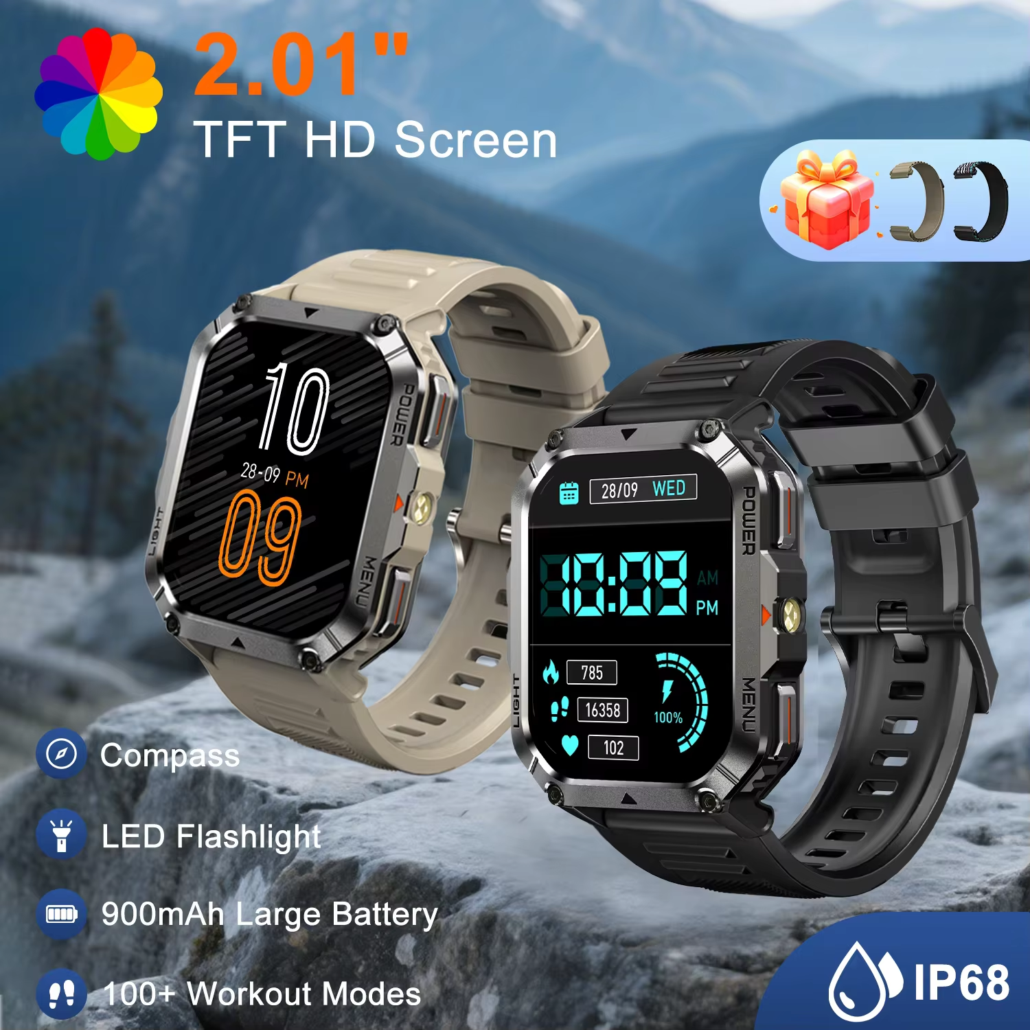 W70 Pro: 2.01" HD, 900mAh, compass, emergency light, waterproof. Fitness tracker for men & women, adventure ready