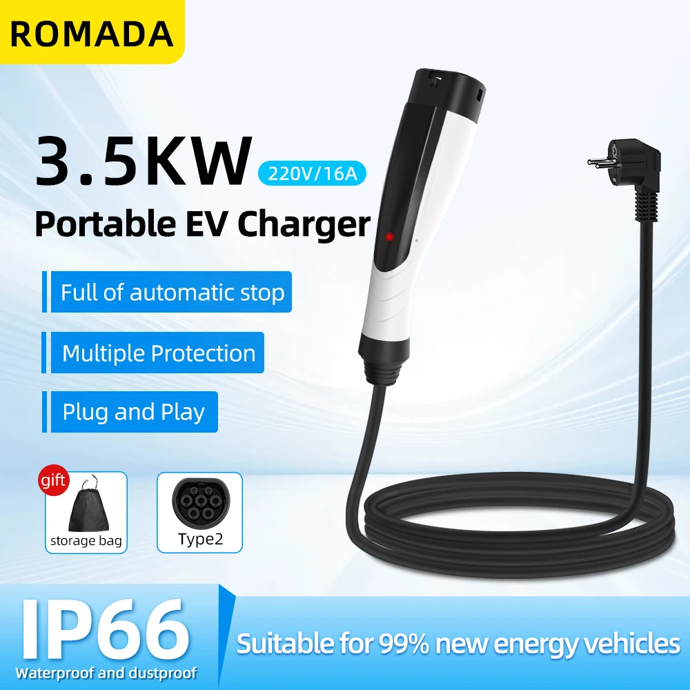 新しいROMADA 3.5KW 16AポータブルEV充電器、3M-10MケーブルIEC62196 TYPE2 EVSE EUプラグ付き電気自動車用安全充電