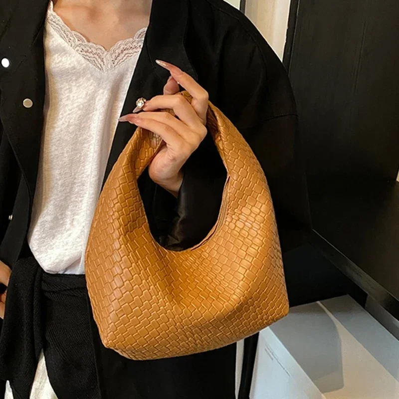 1 Pc 女性クラシックファッション織エンボス加工ホーボーバッグソフト Pu レザー小さなトップハンドルショルダーバッグカジュアルデイリーストレージハンドバッグ