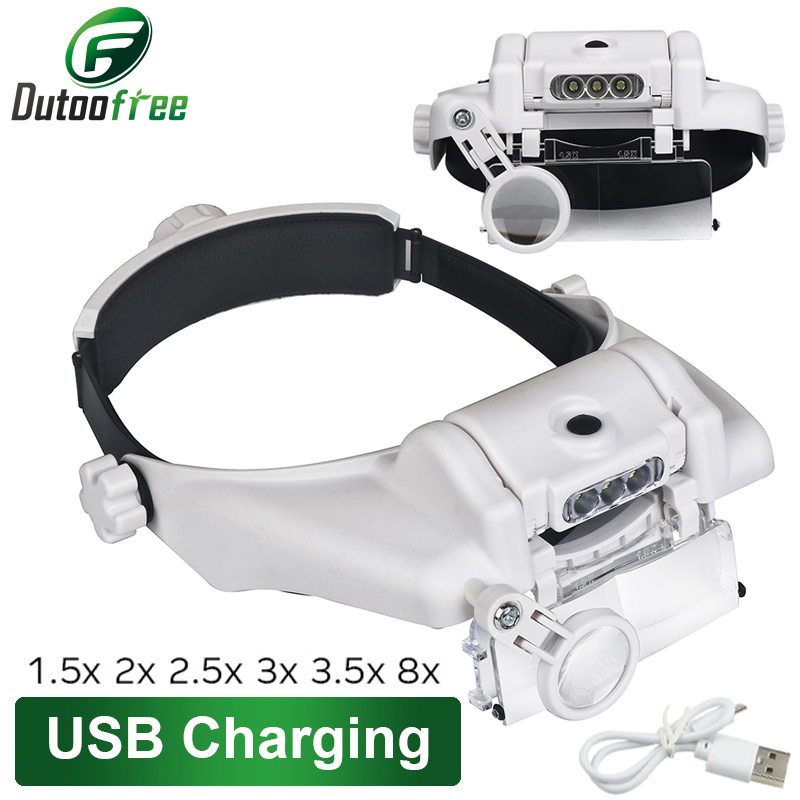 USB 充電式メガネルーペ時計屋修復ツールメガネ拡大鏡 LED ヘッドバンド虫眼鏡 1.5x 2x 2.5x 3x 3.5x 8