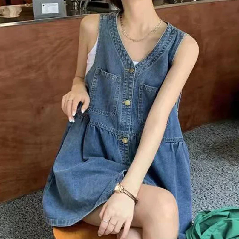 ノースリーブストラップドレスの女性の夏のシングルブレストポケットデニムドレス女性韓国スタイルルーズ A ラインミニドレス