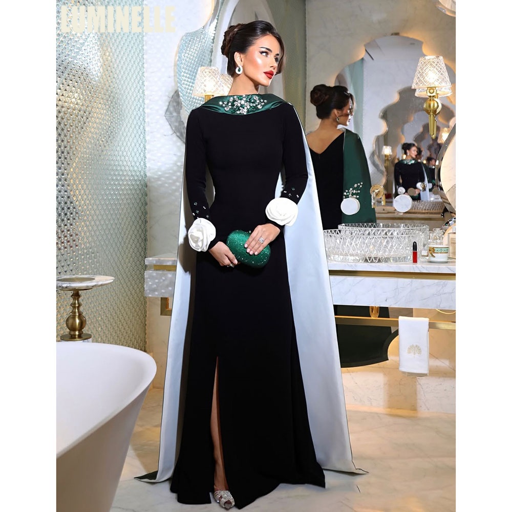 Black-Green Satin Evening Dresses With Bead Watteau Long Sleeve 3d Flower فساتين سهرات Side Slit Prom Dress Customize