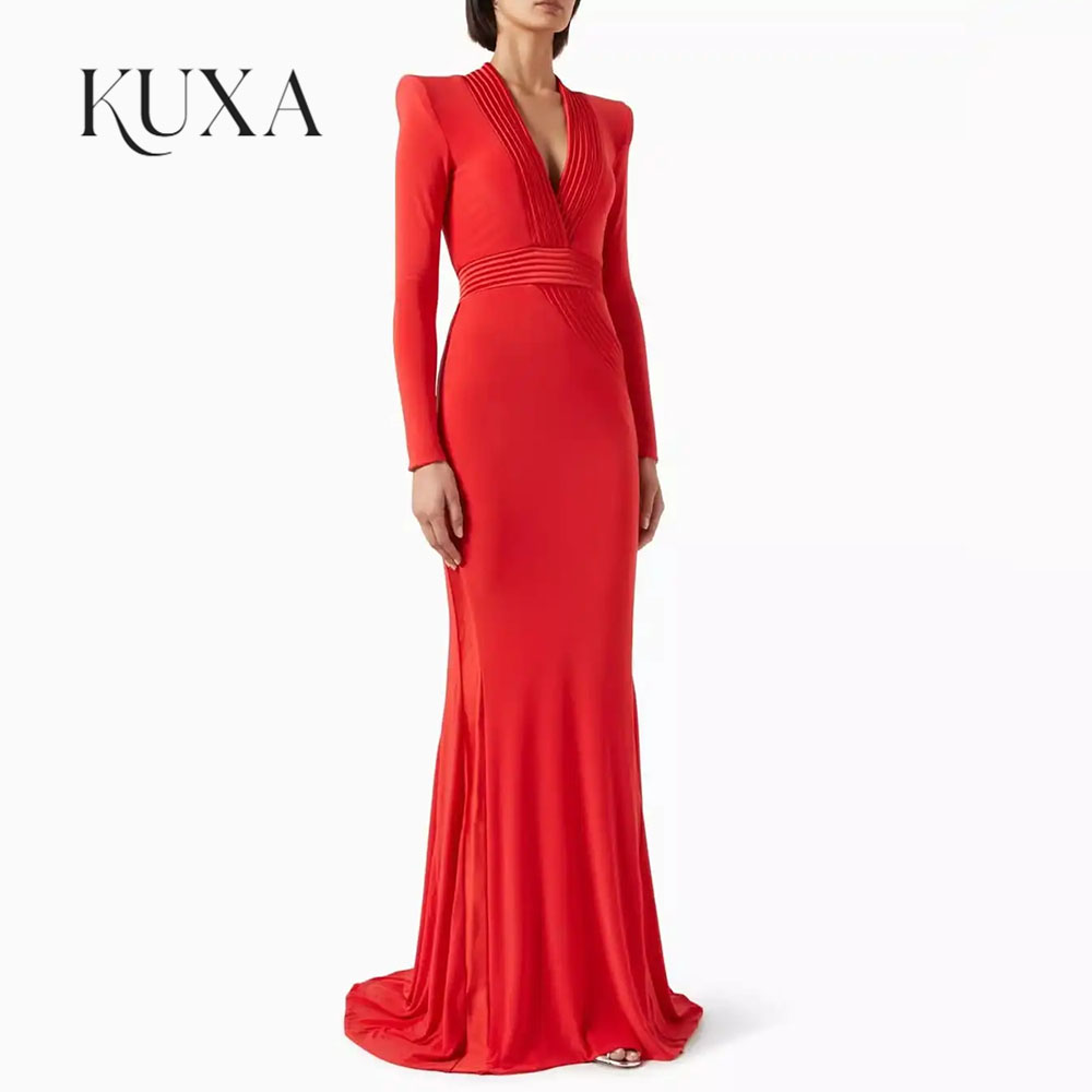 KUXA Customized Luxurious Evening Dresses V Neck For Women Mermaid Prom Dresses Floor Length Long Sleeves Zipper Party Gowns