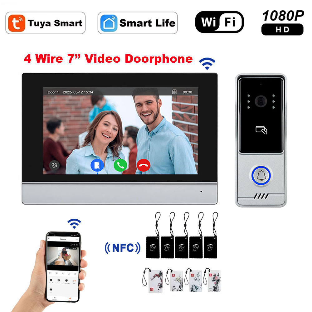 5G WiFi ビデオドアベル 7 インチ LCD HD 1080P カメラ Tuya スマート 4 ワイヤービデオドアホンインターホンセキュリティシステム RFID NFC APP ロック解除