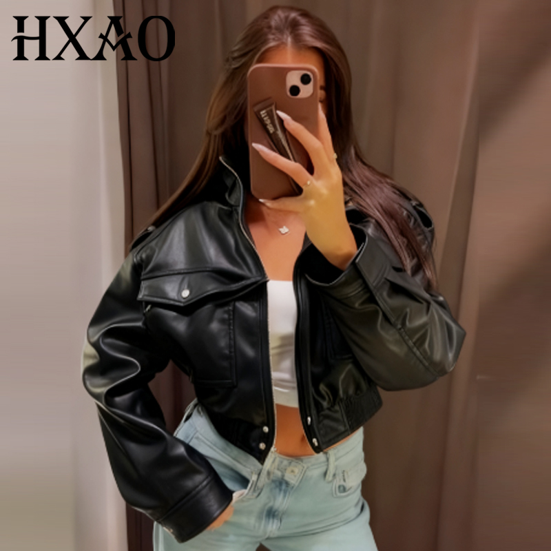 HXAO 作物レザージャケット女性のボンバージャケットグリーンブラックアウターウェア長袖コートアビエイタージャケットモトバイカージッパージャケット