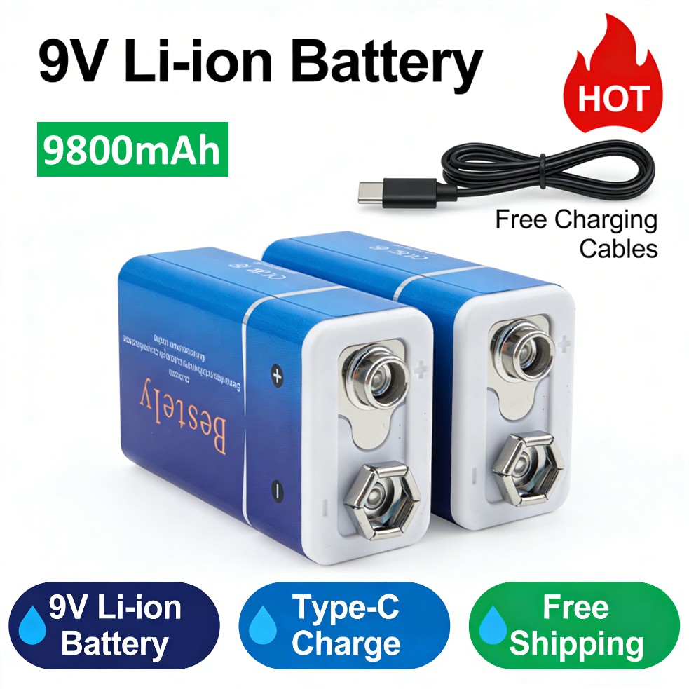 充電式9Vバッテリー、9800mAh大容量9ボルトリチウムイオンバッテリー、Type-Cケーブルで充電、煙探知機、火災警報器用