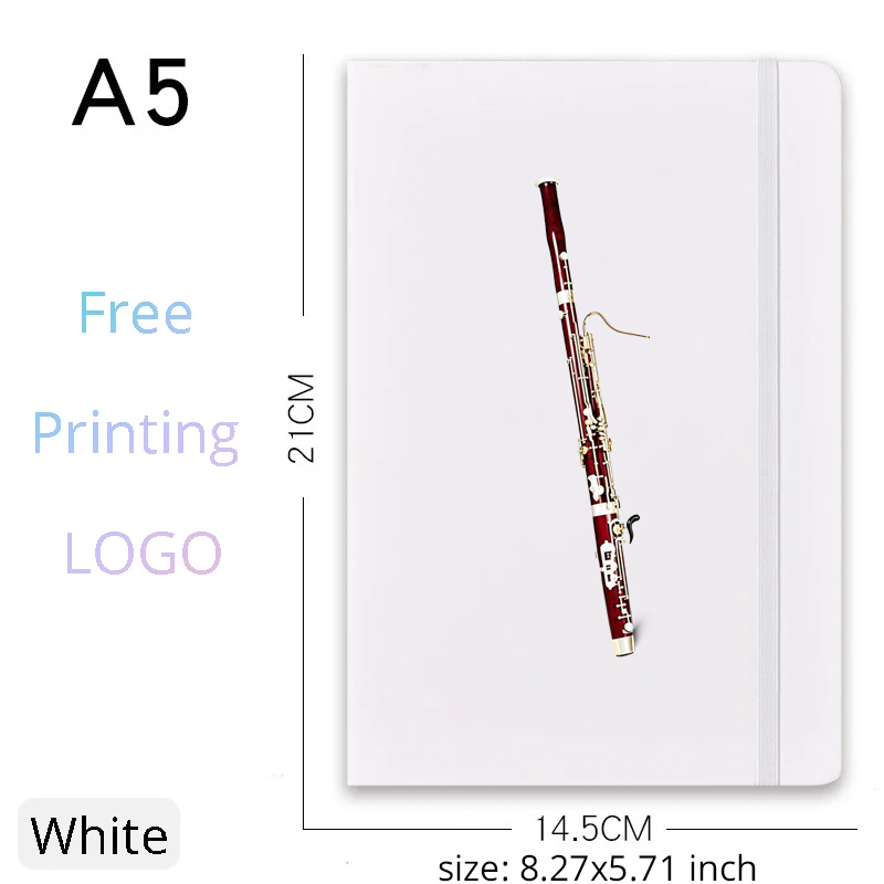 カスタムファゴットA5ノートジャーナル1冊、名前、テキスト、ロゴ入り、ホワイトゴムバンド留めノート、ファゴット奏者へのギフト