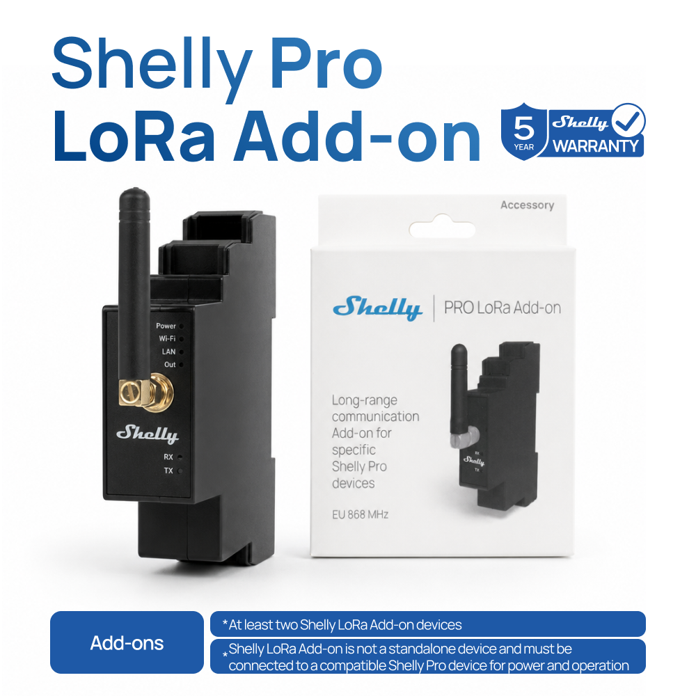 Shelly Pro LoRa アドオンは、特定の Shelly Pro デバイスの長距離 Lora 通信を最大 5 km に拡張し、自動化と